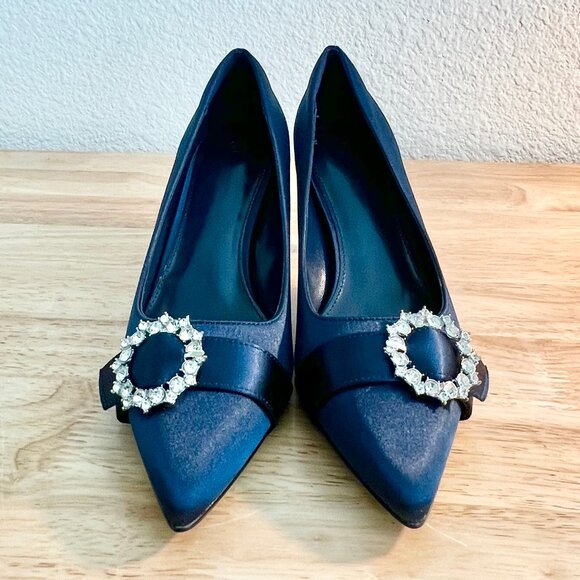 Women's 8US Pointed Toe Rhinestone Embellished Jewel Sapphire Blue Satin Pump - Picture 7 of 10